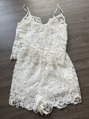 White Lace Spaghetti-Strap Romper with Scallop Hem